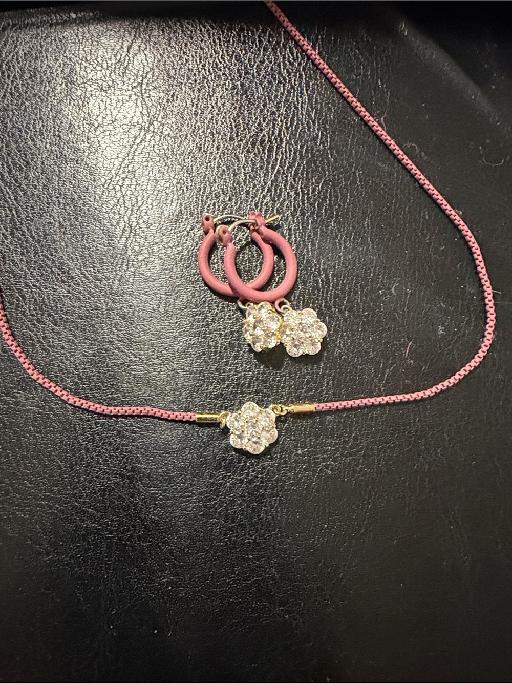 Pink Crystal Flower Necklace & Hoop Earring Set
